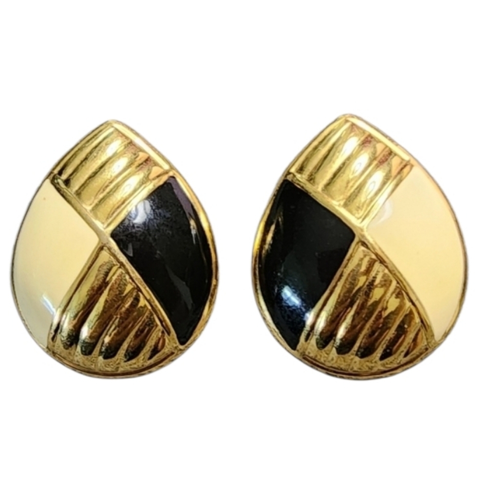 Goldtone and Black Statement Earrings with Textured Design